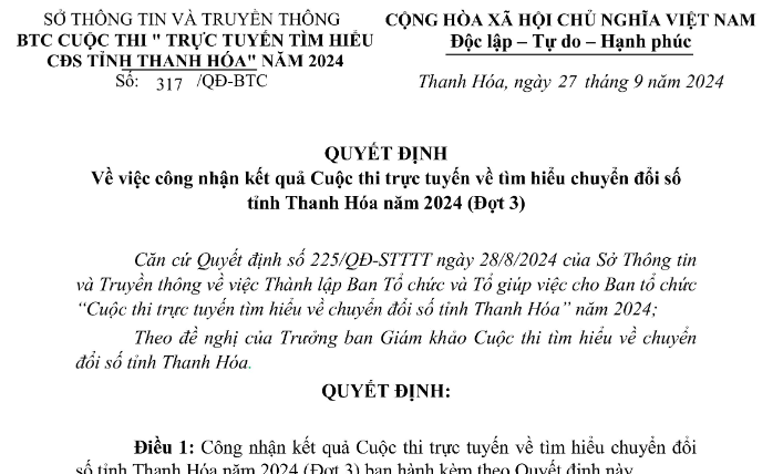 Kết quả Cuộc thi trực tuyến về tìm hiểu chuyển đổi số tỉnh Thanh Hóa năm 2024 (Đợt 3)